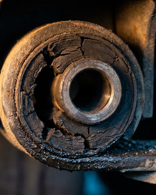 Close-up of a worn, cracked rubber bushing in a trailer leaf spring