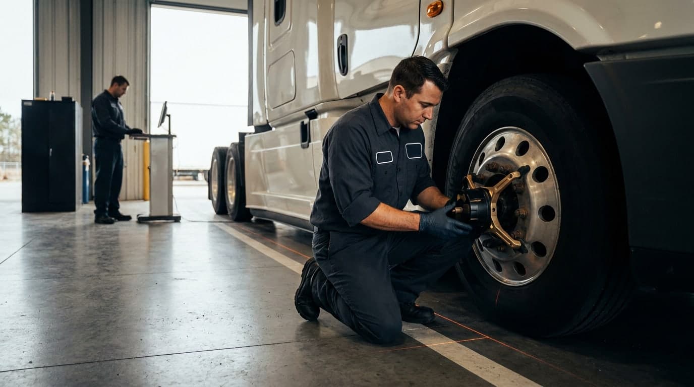 A technician lining up the wheels on a semi truck