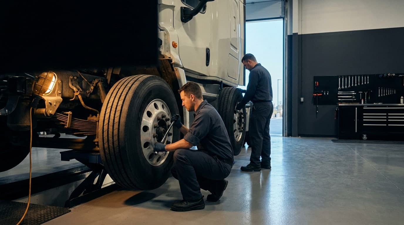 Technicians in uniform working on a semi truck in a clean shop bay