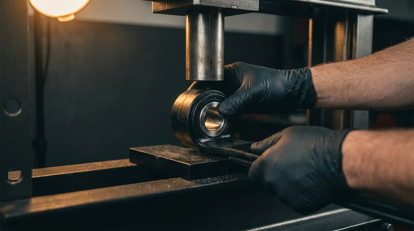 Gloved hands pressing a new bushing into a leaf spring