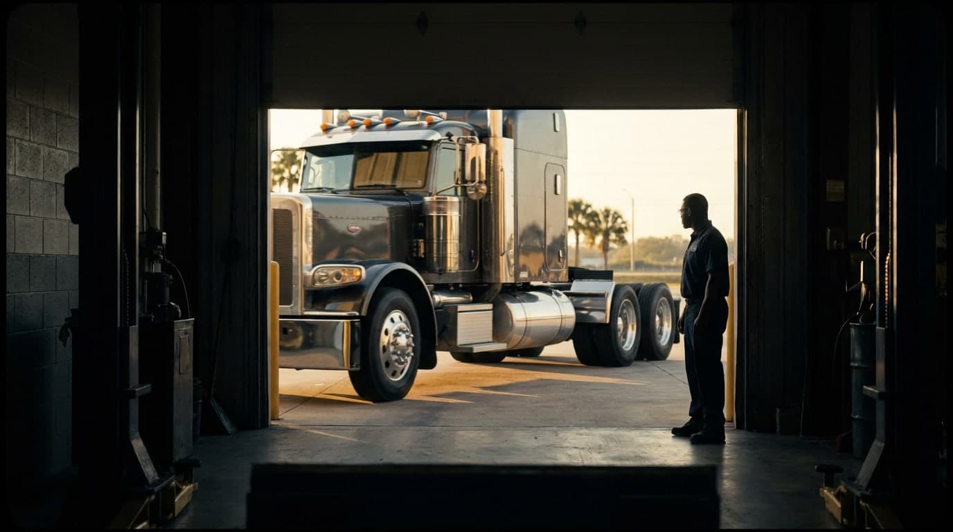 A clean semi truck driving out of the shop